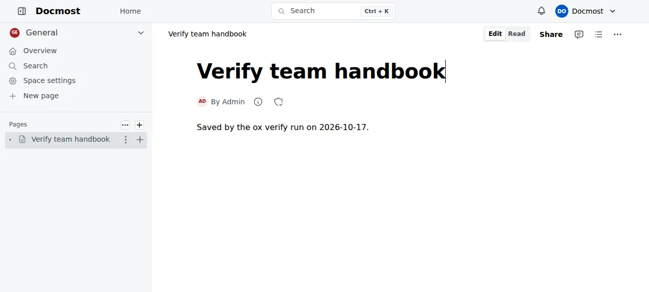 The new Docmost page Verify team handbook with its text, listed in the space sidebar