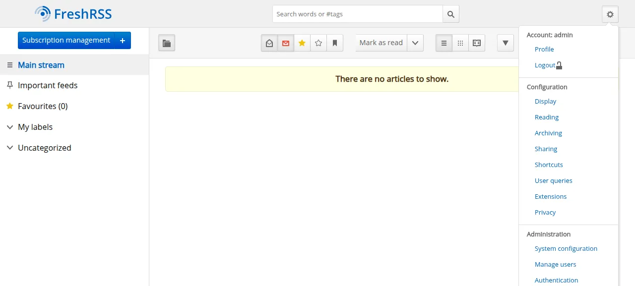 The FreshRSS settings menu for the account admin after signing in